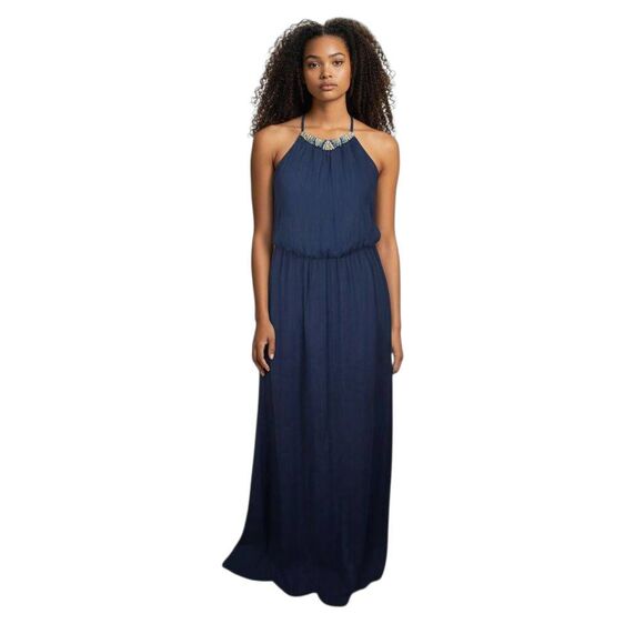 LILY ROSE NAVY MAXI DRESS W/ EMBELLISHED NECK SZ.S EUC. - Picture 1 of 8